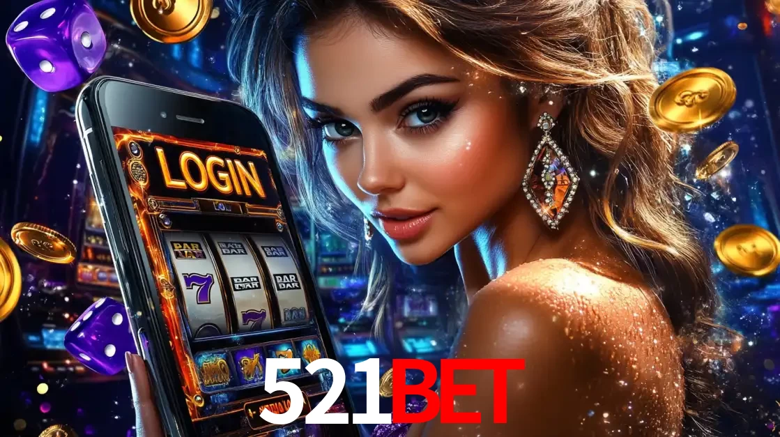 Mulher glamorosa segurando um smartphone com a tela de login para os jogos de caça-níqueis do cassino online 521BET, com moedas de ouro e dados ao redor.