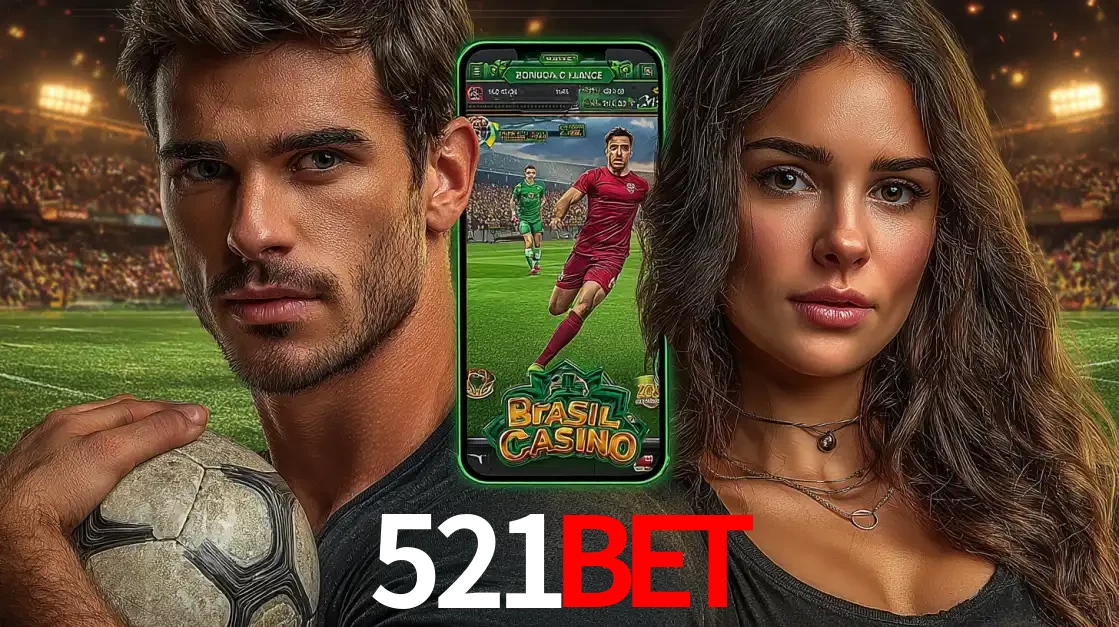 Homem segurando uma bola de futebol e uma mulher ao lado de um smartphone exibindo o jogo de apostas esportivas da 521BET. Faça seu palpite no cassino online.